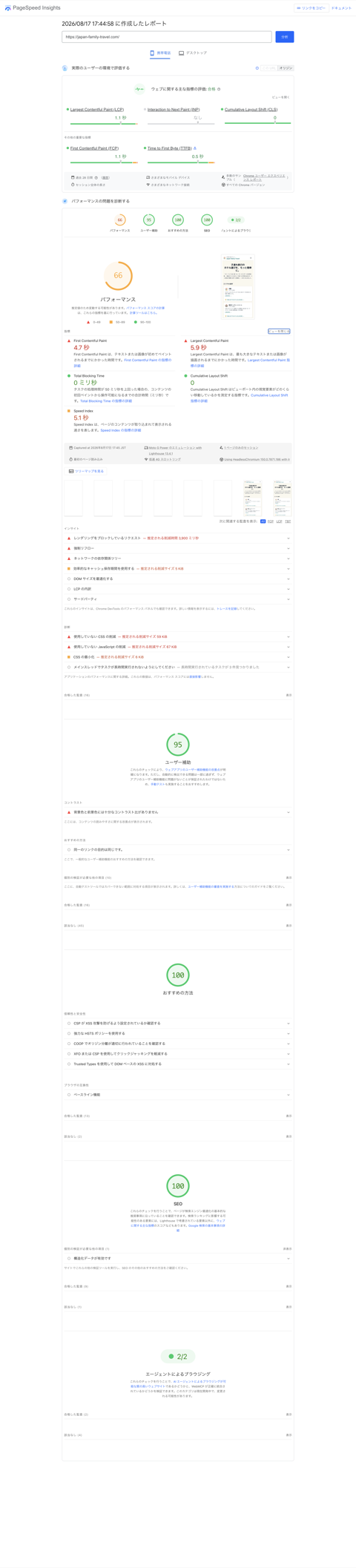 修正後にChrome拡張で撮ったPageSpeed Insightsのフルページスクショ。DevToolsの手動キャプチャと同じ、正しい1件のレポートが最下部まで表示されている